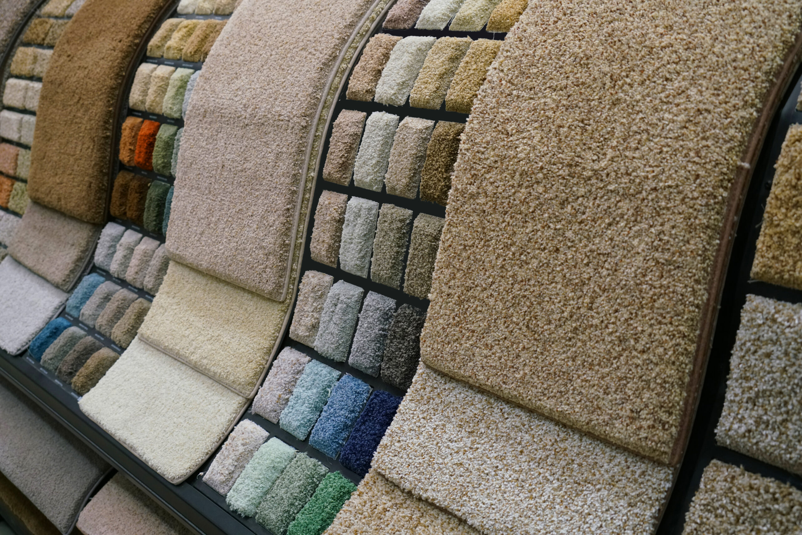 Colorful carpet samples in the store