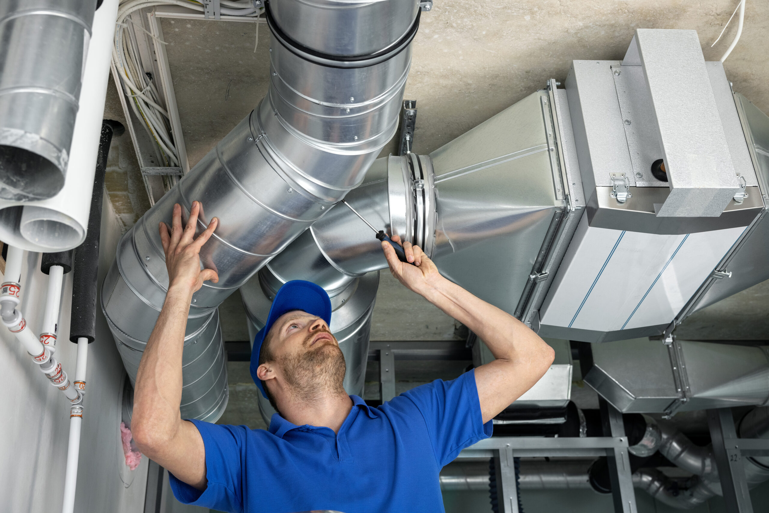 hvac services – worker install ducted pipe system for ventilatio